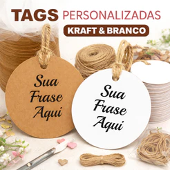 Tag de Papel Kraft ou Branco Personalizada Sua Frase + Fio de Sisal Lembrancinhas, Nome ou Data