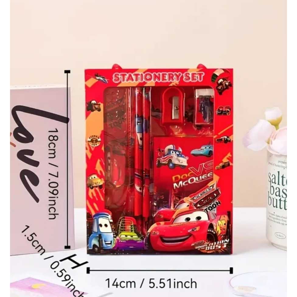Kit Papel-Escolar Carros Disney Relâmpago McQueen Estojo Completo Caderneta Lápis Apontador Borracha