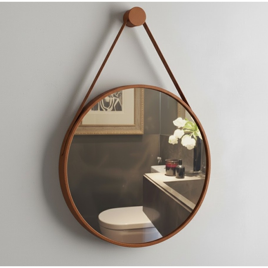 Espelho Adnet Redondo 60x60 Decorativo com Moldura em Couro Moderno Luxo
