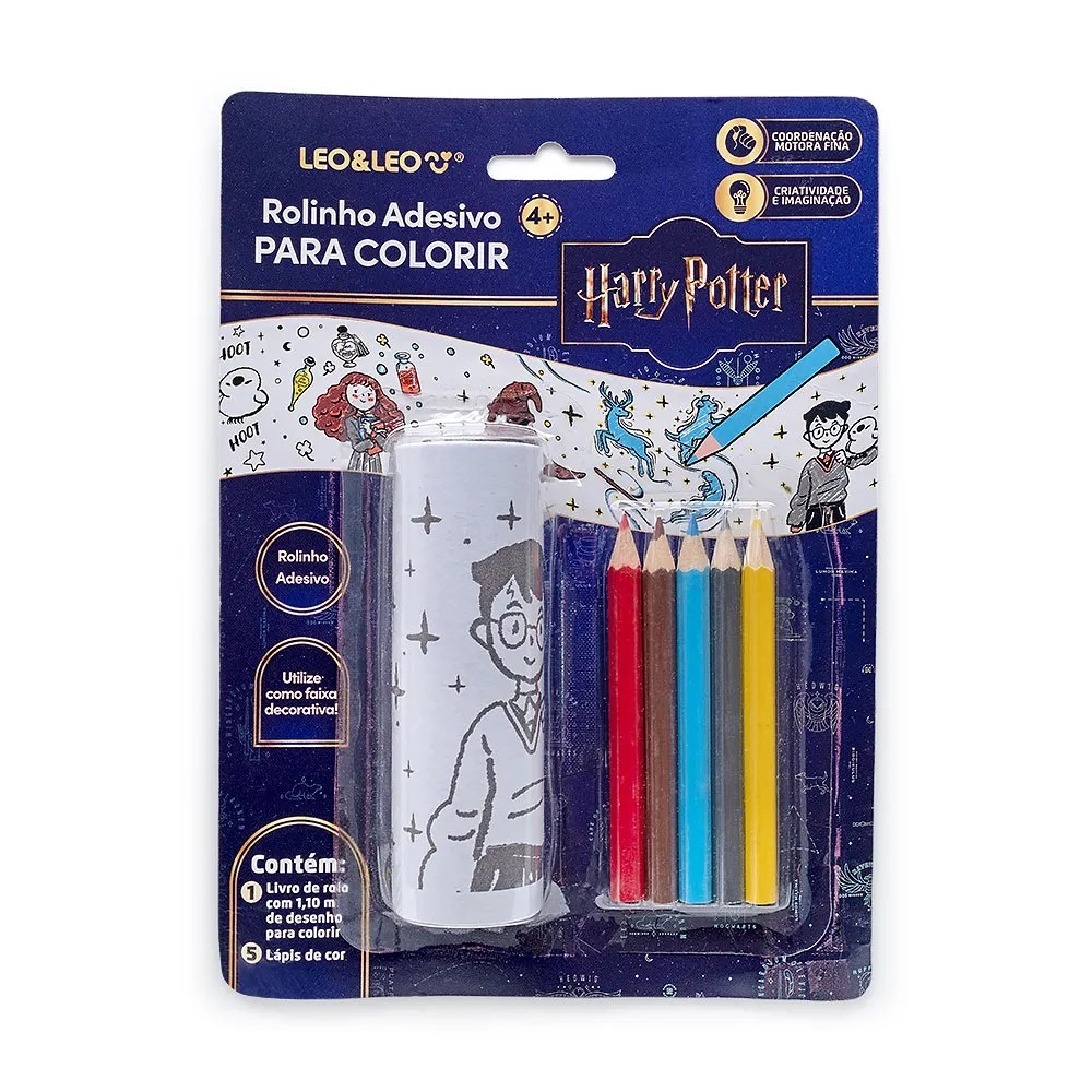 KIT Rolinho Adesivo para Colorir Harry Potter - Blister c/1 Rolo para Pintar + 5 Lápis de Cor  Leo&Leo