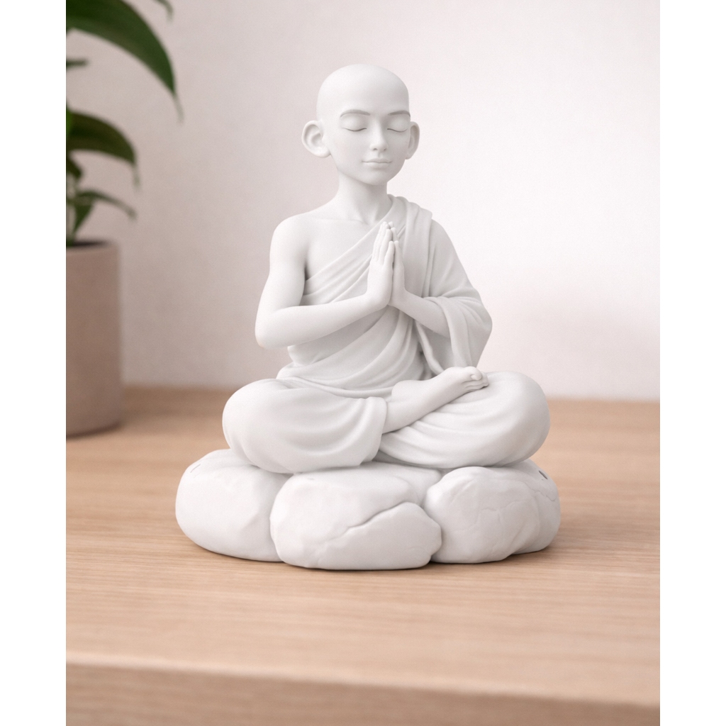 Imagem Estátua Decorativa Monge Zen Branco Minimalista Decoração Mesa Sala Escritório Presente Relaxamento 10cm