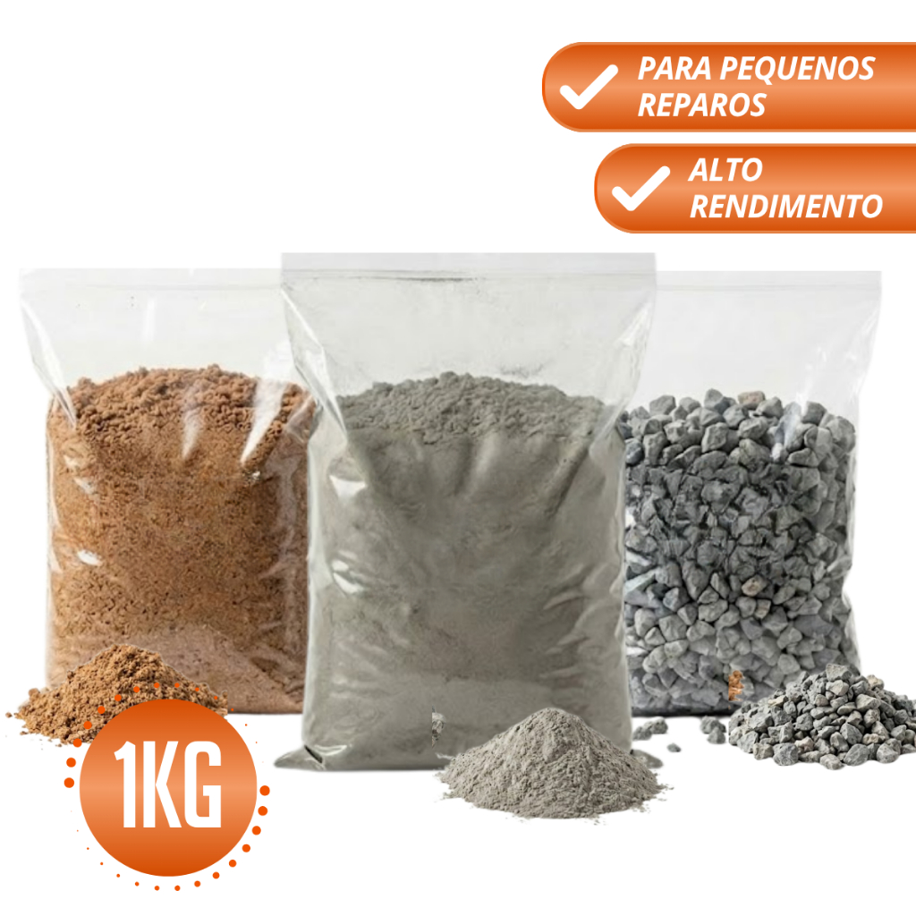 Kit Pequenos Reparos Cimento, Areia Grossa e Brita 1kg de Cada Construção Fácil Sem Desperdício