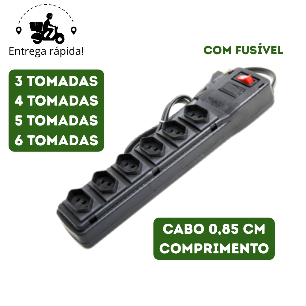 Filtro de Linha Régua de Tomada com Fusível Extensão Elétrica Bivolt 3 4 5 ou 6 Tomadas Tripolar CP