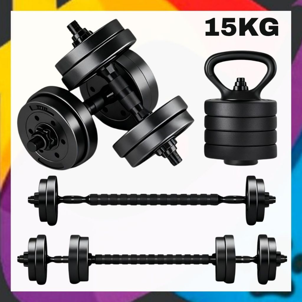 Kit 15kg – Halteres, Anilhas, Barras e kettlebell Ajustáveis – Treino em Casa Musculação