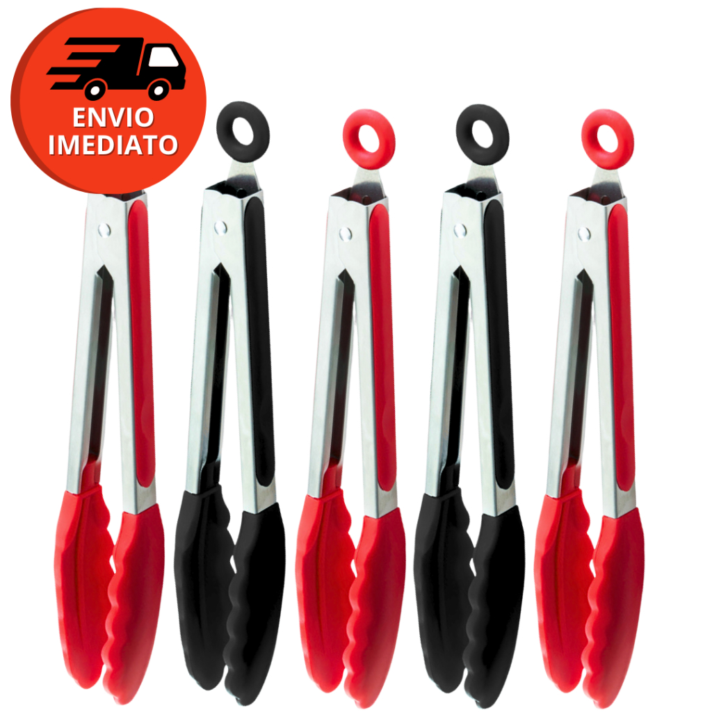 Kit Pegador Alimento 27Cm Inox E Silicone Com Apoio Salada Churrasco Massa Cozinha Restaurante