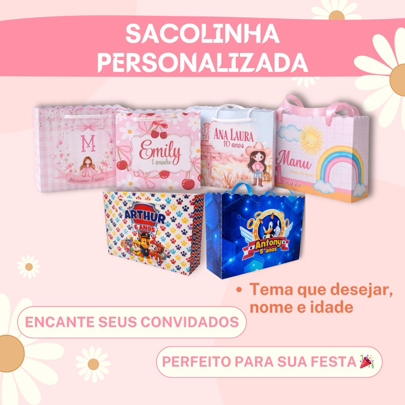 Sacola Personalizada Festa Infantil-Tamanho M- JÁ VÃO PRONTAS PARA USO/ Sacola Surpresa/Lembrancinha/Aniversário