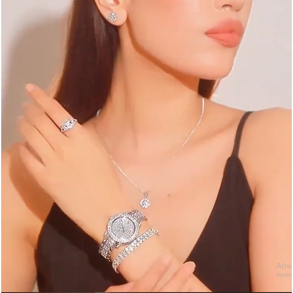 Conjunto de 7 Peças Relógio Feminino de Pulso Quartzo com Pulseiras, Anel, Corrente e Par de Brincos