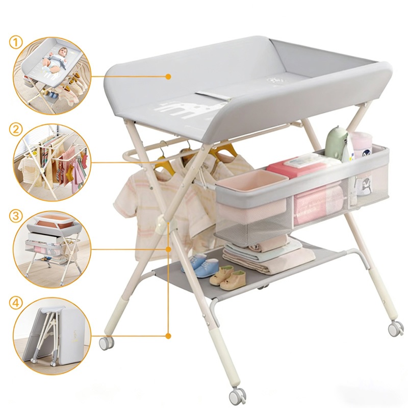 Trocador de Fralda Estação de Cuidados Bebê Massagem e Ajuste para Berço Com Cabides e cestas Prático e Dobrável P17