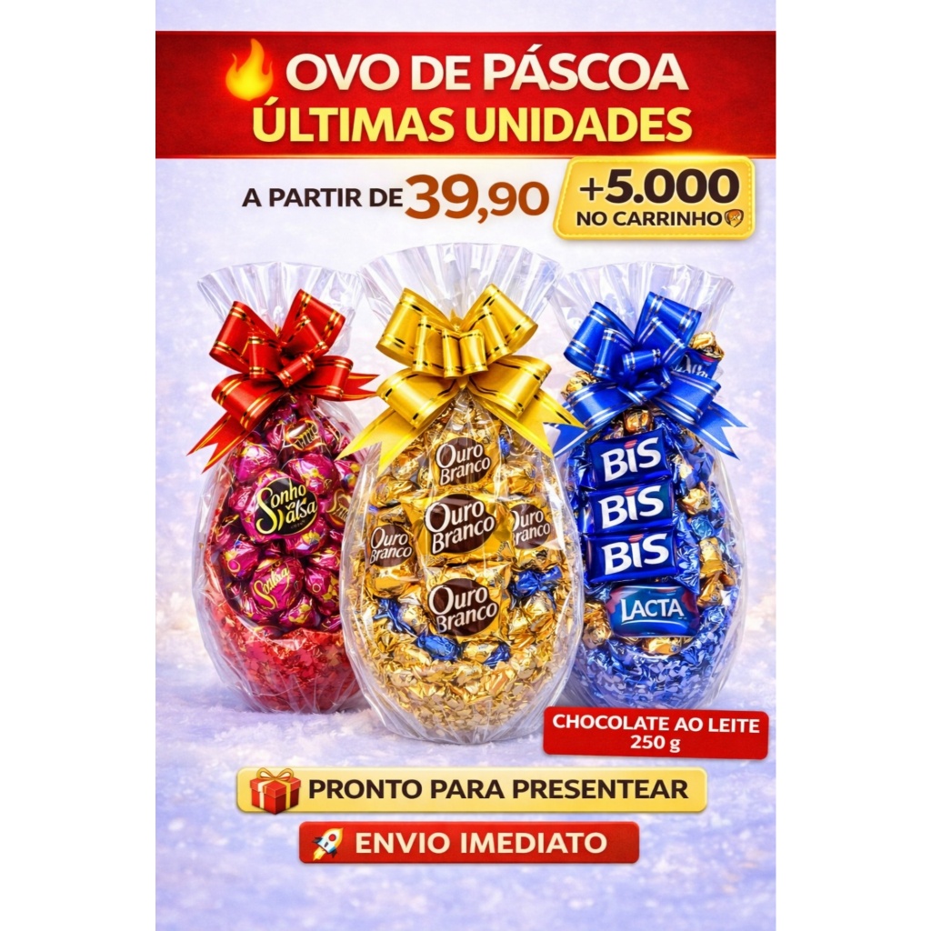 Presente Ovo de Páscoa 250g Recheado Chocolate Bombons, Ouro Branco, Kitkat, Bis Lacta Neslte Garoto
