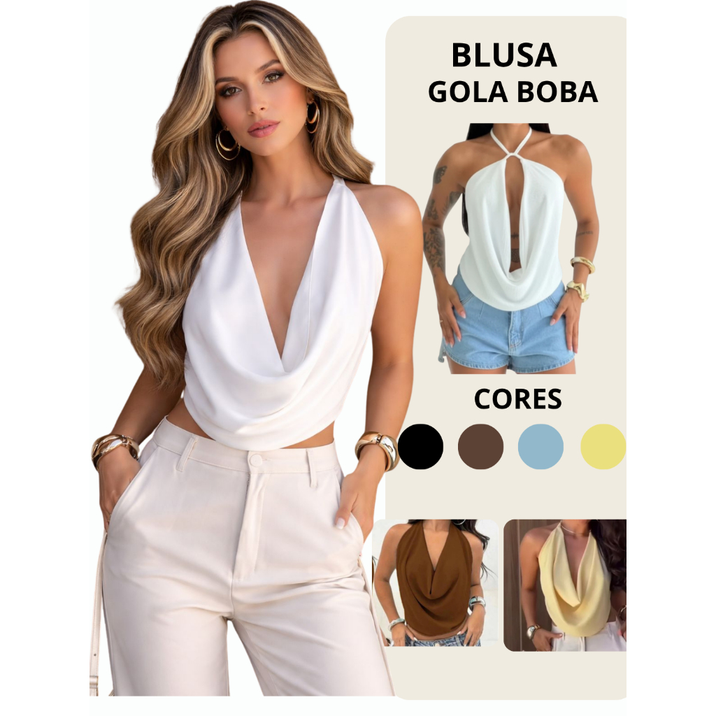 Blusa Feminina Multiformas Duna Gola Boba Elegante Estilosa Frente Única Cropped Amarração Verão em Oferta na Shopee