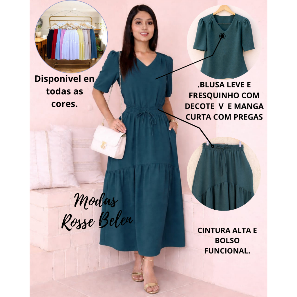 conjunto feminina saia longa com bolso e blusa decote V manga curta com pregas moda social, evangelica