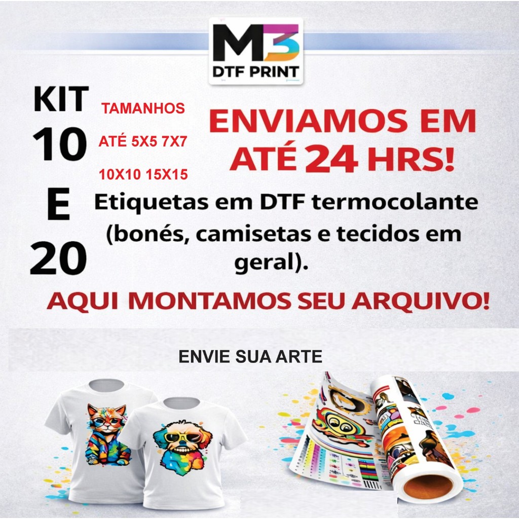 kit 10 ou 20 estampas DTF textil facil aplicar em tecidos  c/ferro de passar uniforme camiseta logo  blusa, estamparia