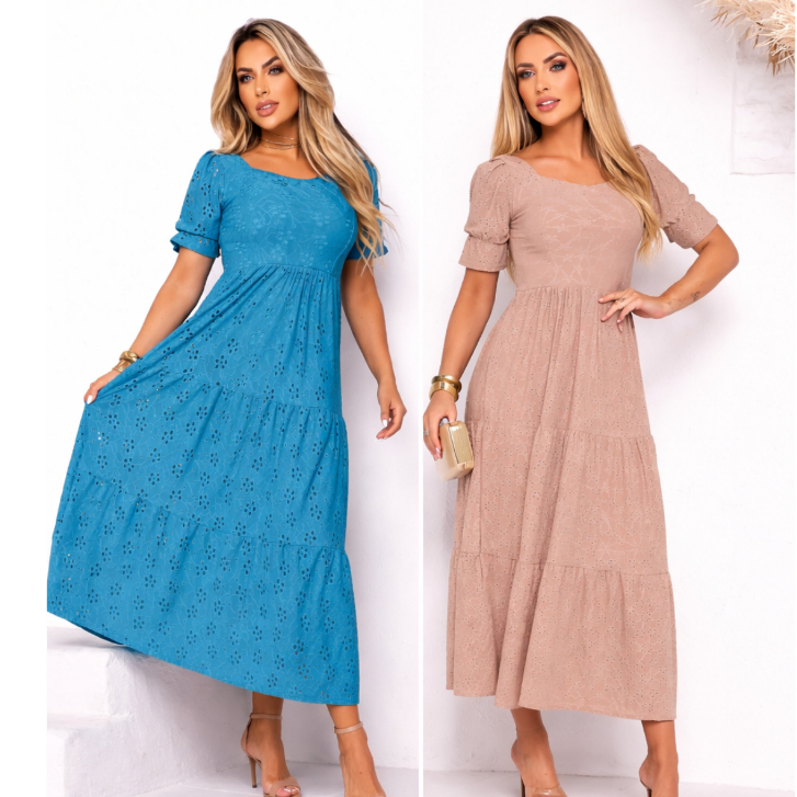 Vestido Longo Três Marias Feminino Malha Laise Midi Manga Bufante Forro no Busto e Saia, Cores Candy