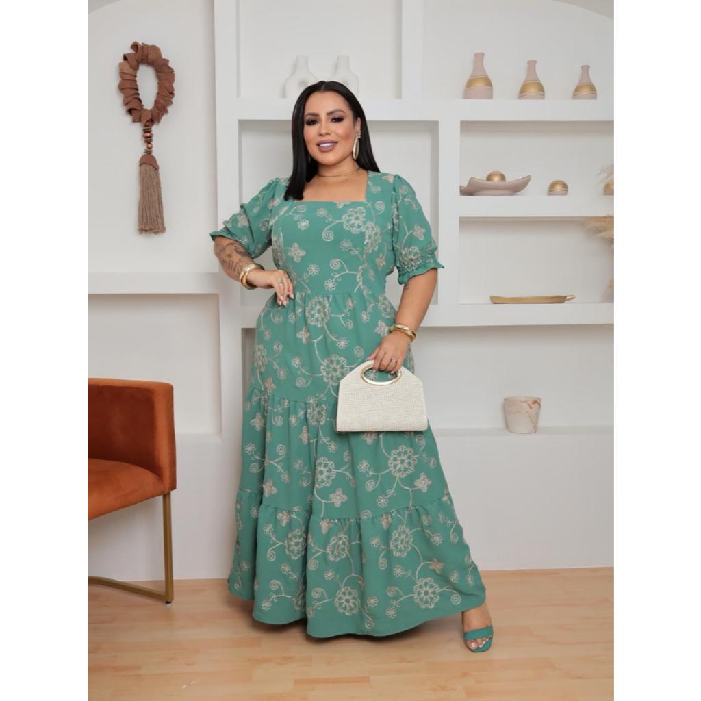 Vestido Moda Evangélica Plus Size Longo Femenino Gola Aberta com Cintura  Elastano Estampa Bordado Floral Tecido Duna em Oferta na Shopee