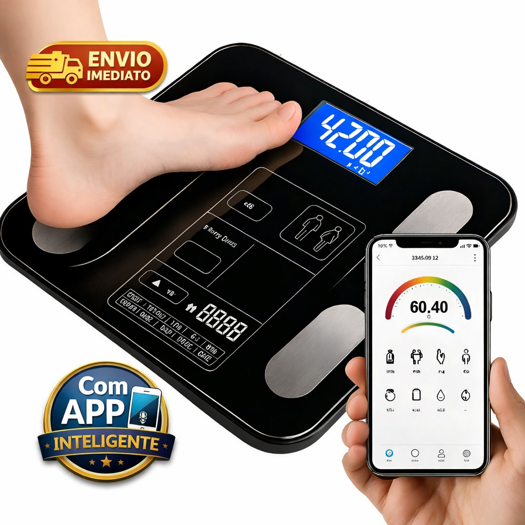 Balança Digital Corporal Bioimpedância Profissional Bluetooth com App Premium, Visor LCD Grande