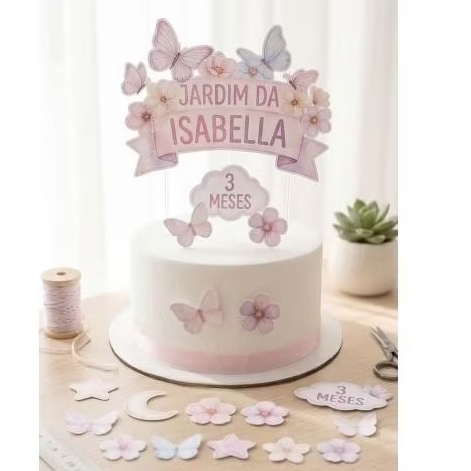 Topo de Bolo Jardim Encantado Borboletas Personalizado Nome e Idade + 10 Toppers para Doce aniversário mesversários
