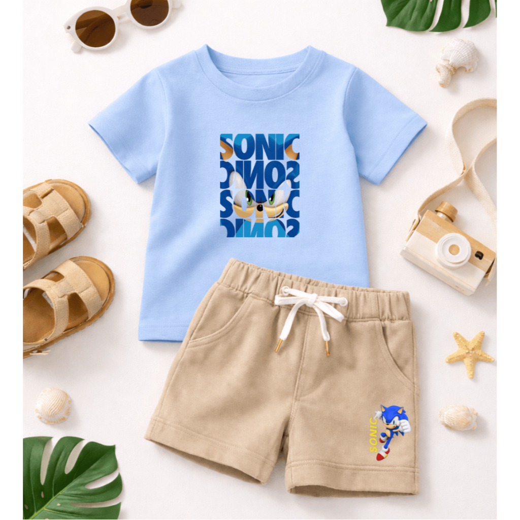 Conjunto Infantil Sonic Para Meninos Estiloso Verão - Camiseta 100% Algodão Manga Curta e Bermuda de Moletom Qualidade