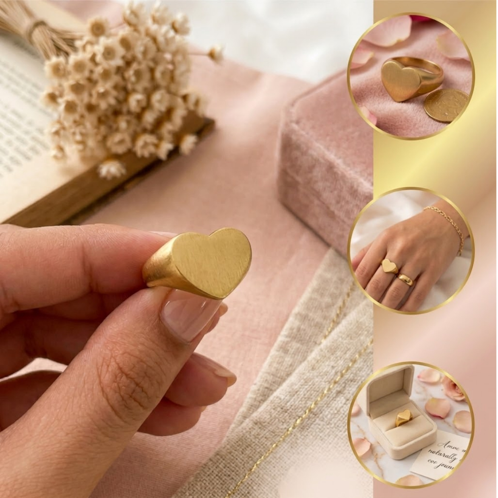 Anel Coração Aliança Sinete Maciço Vintage Dourado Feminino Delicado Moeda Antiga