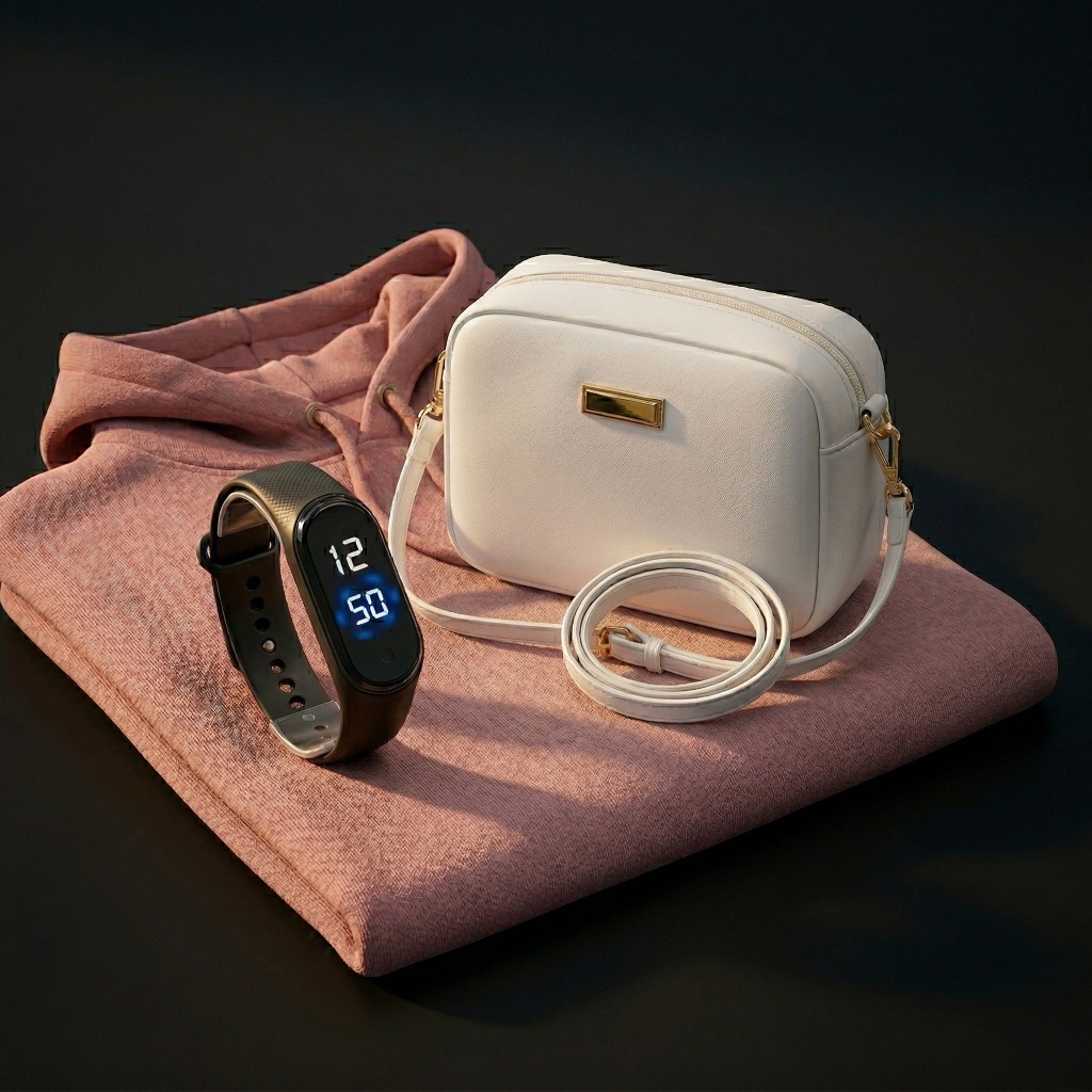 Kit Feminino  Moletom Canguru Rosa + Smartwatch Digital + Bolsa Transversal Branca Moda Casual Confortável