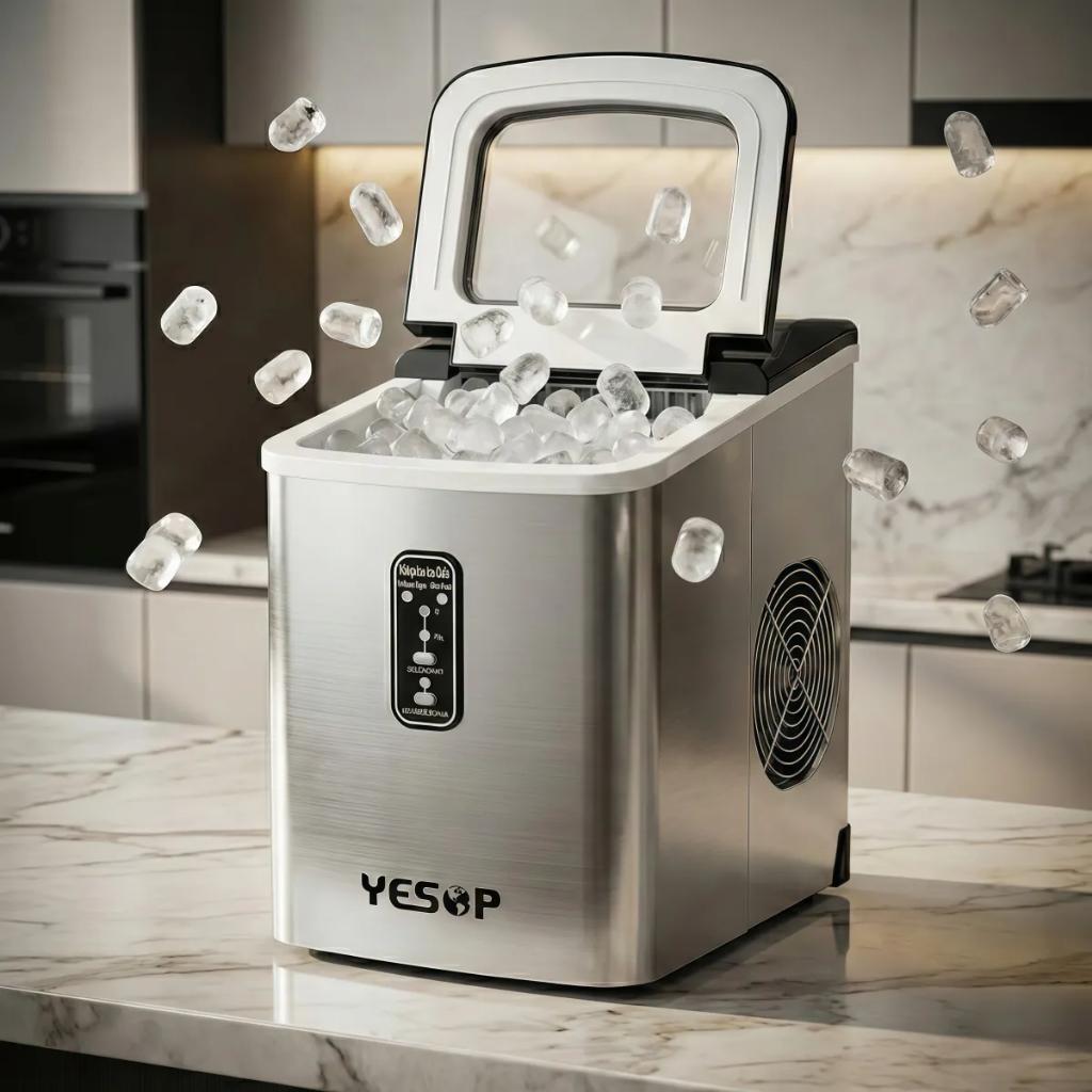 YESOP Máquina De Gelo Portátil Inox 12kg/24h 127V Silenciosa Com 2 Tamanhos E Função Autolimpeza