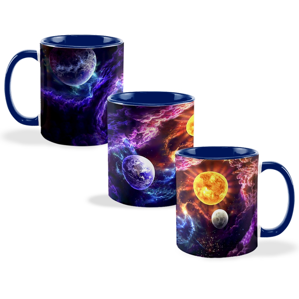 Caneca Colorida universo sol xicara planetas astronomia nebulosa geek telescópio