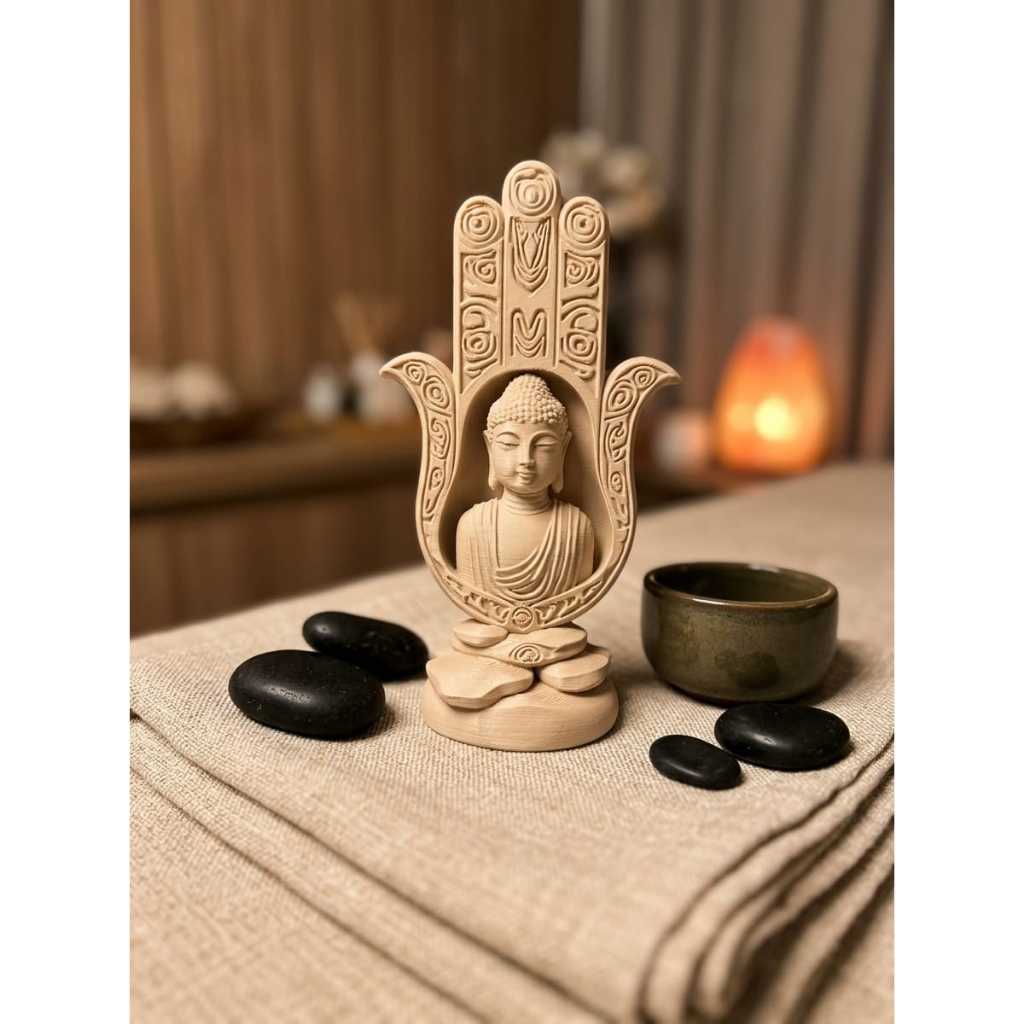 Imagem 🍀 Imagem Estátua Mão de Fátima Buda Hamsá 17cm Decoração Proteção Zen Decorativa Amuleto Yoga
