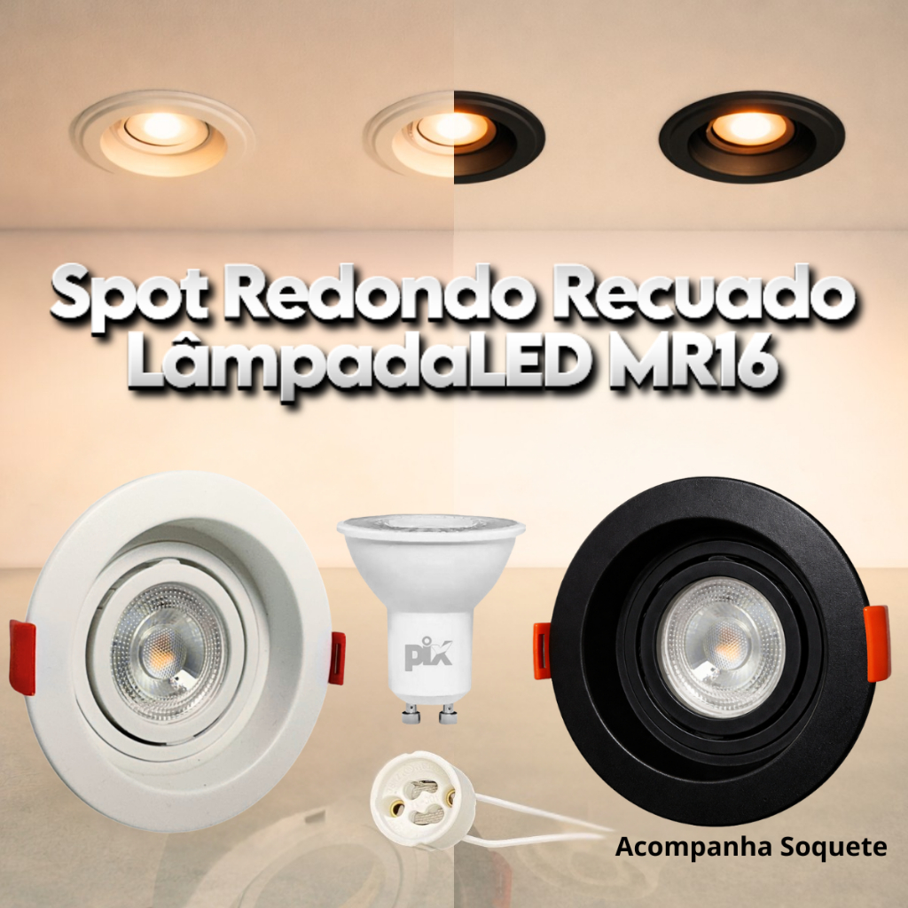 Spot Recuado Embutir MR16 Redondo + Lâmpada LED GU10