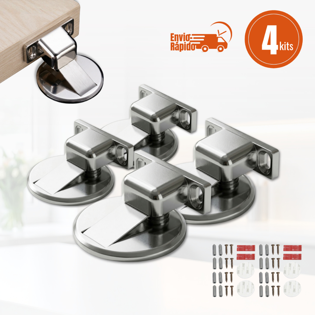 Kit 4 Prendedor de Porta Magnético Inox Slim Adesivo Sem Furo Trava Porta Forte Premium