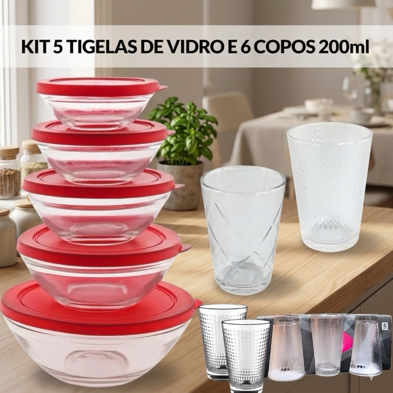 Kit 5 Tigelas de Vidro e 6 Copos de Vidro de 200 ml Potes Multiuso Pode ir ao Microondas