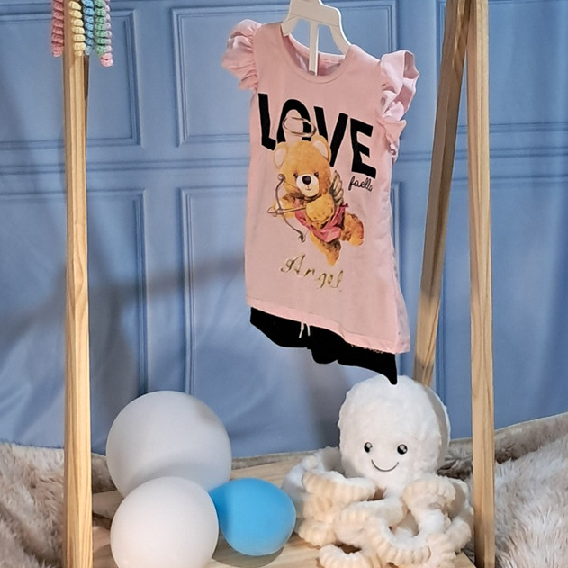 Conjunto Infantil Menina Verão Ursinho Cupido Faella - Tamanhos 3 e 4 - Camiseta 100% Algodão + Short Confortável