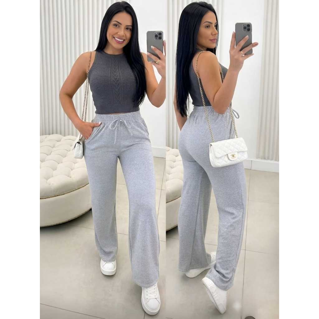 Calça Pantalona de Lazinho Feminina com Bolso pra Inverno Cintura alta Lanzinha em Oferta na Shopee