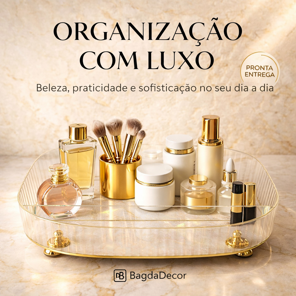 ✅Bandeja Acrílica com Pés Dourados | Organizador de Maquiagem, Perfumes, Joias e Cosméticos🔝
