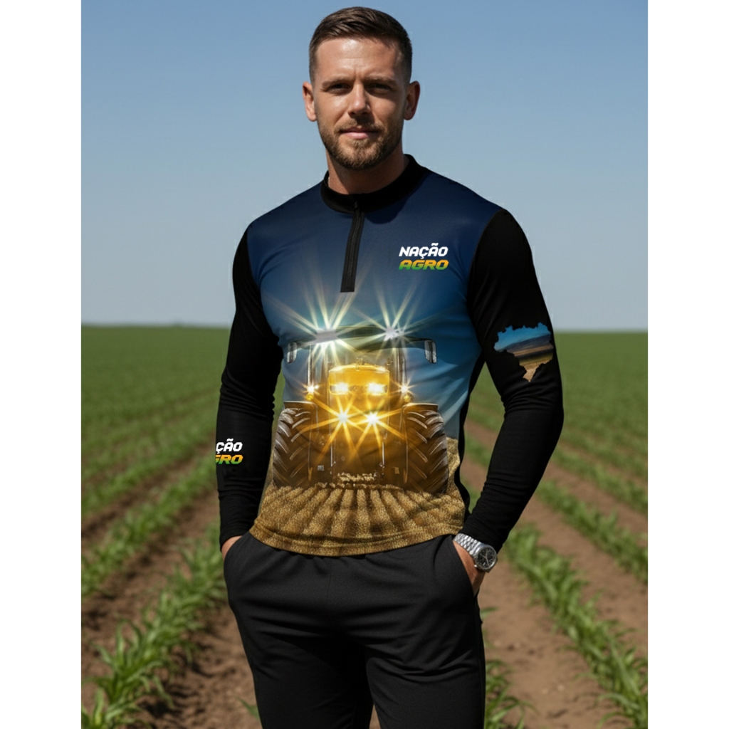 Camiseta Agro Masculina NaçãoAgro Trator Luminoso Agricultura DryAdvanced Manga longa Proteção Uv50+