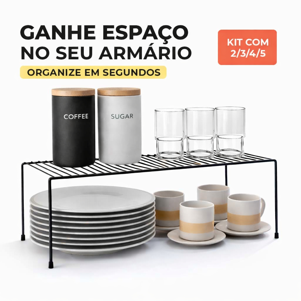 Kit Organizador de Armário Cozinha Prateleira Suspensa Multiuso Suporte Porta Pratos Copos Preto