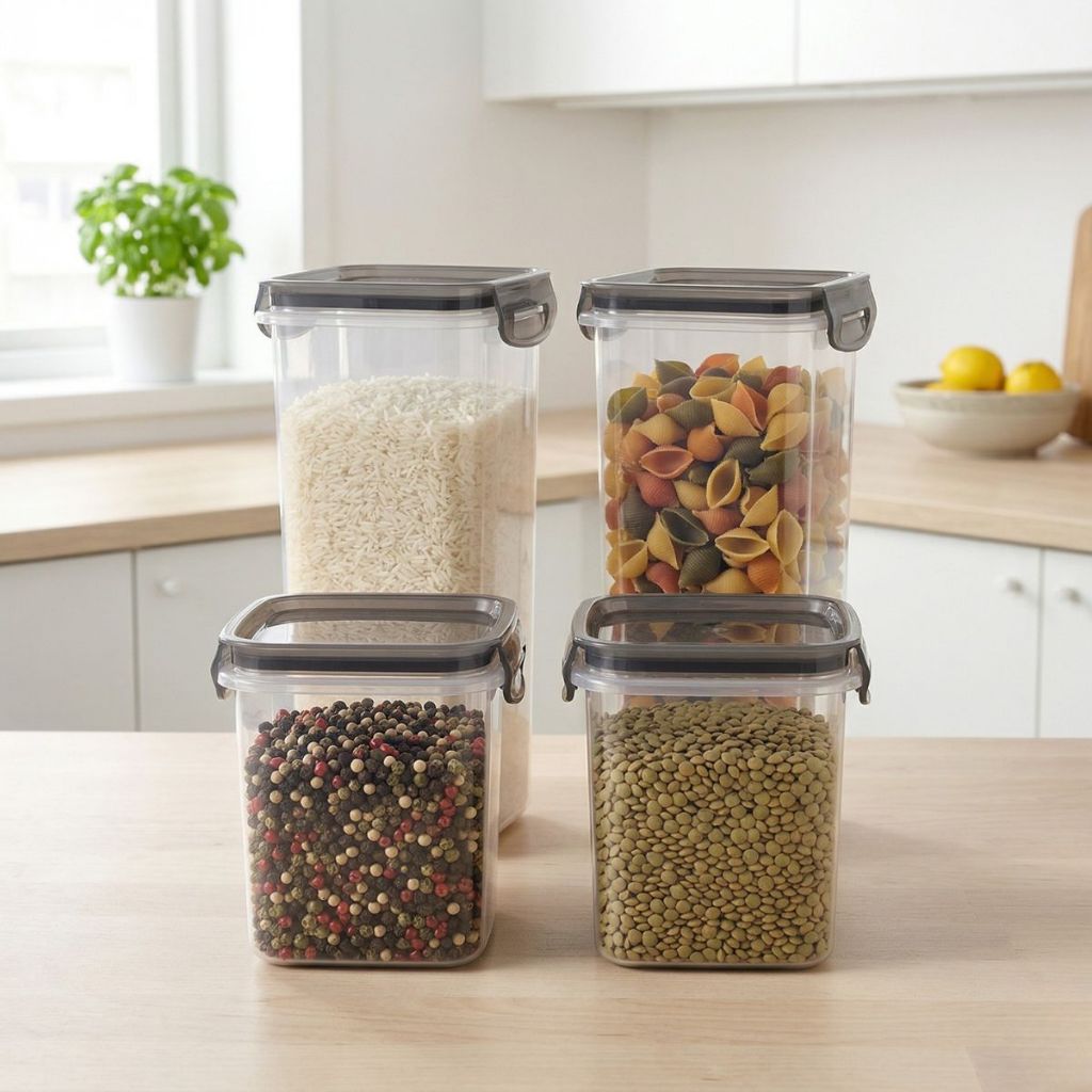 Kit 4 Potes Porta Mantimentos Trava Mais QD Cristal 830ml e 1,24L Organização