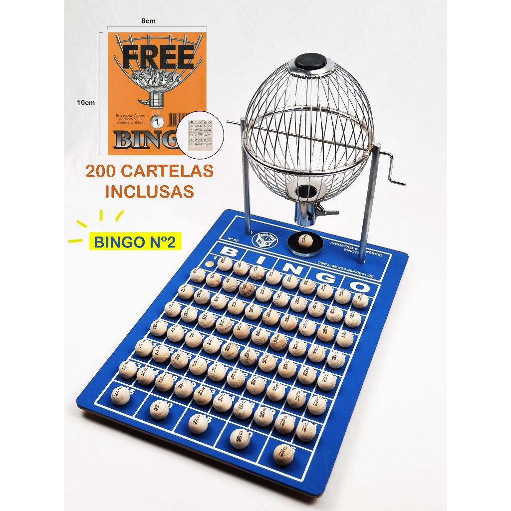 GLOBO BINGO Nº2 PREMIUM CROMADO COMPLETO COM 75 BOLAS + 200 CARTELAS