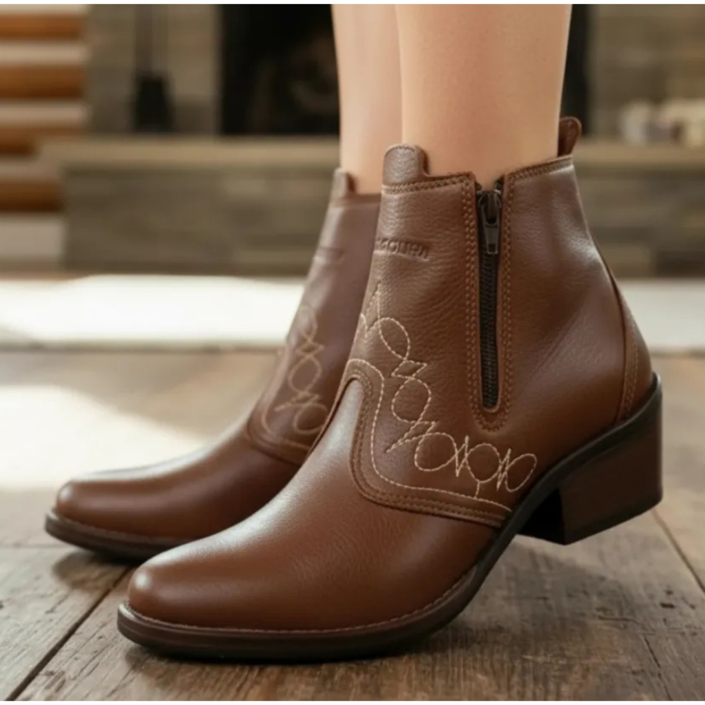 Bota Feminina Country Couro Legítimo com Zíper Botina Estilo Cavalgada Montaria Rodeio 3536