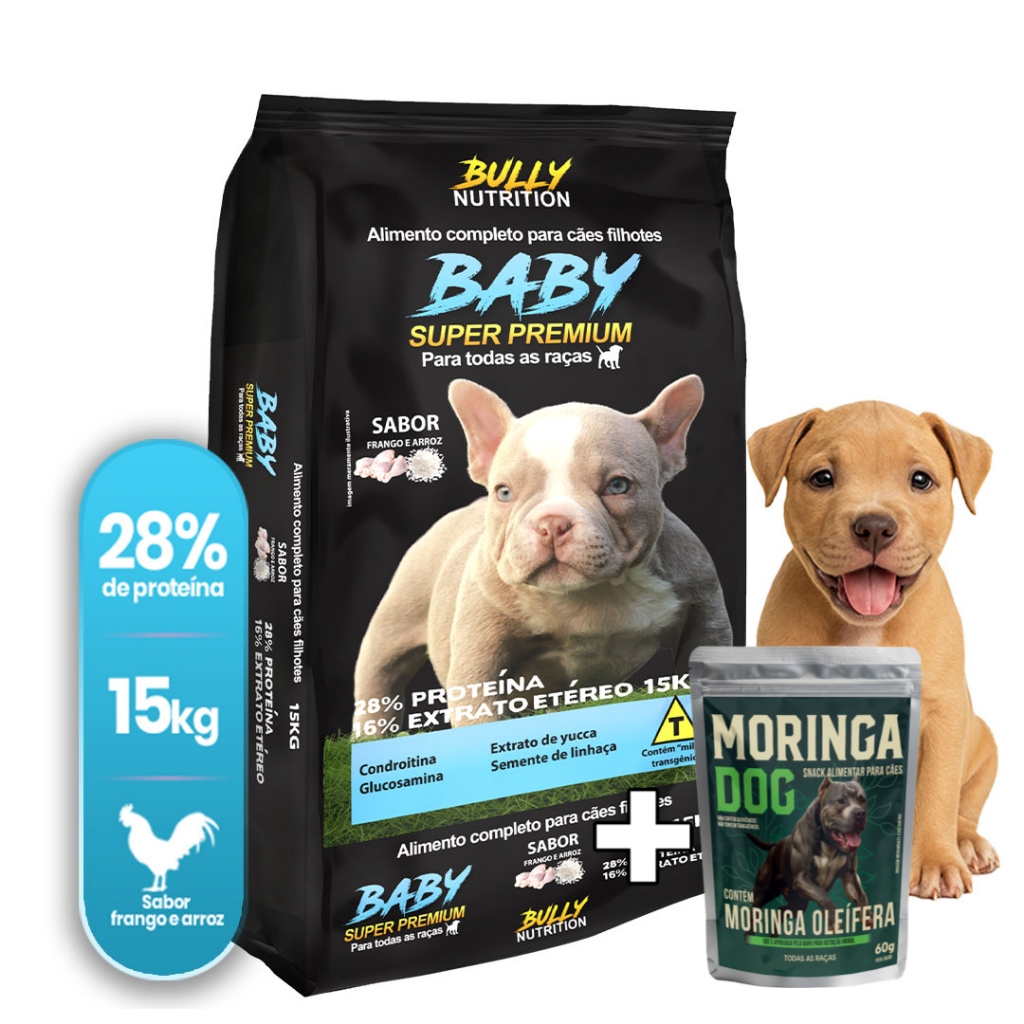 Ração Para Cães Filhotes Pitbull Baby Super Premium 15Kg+Ganhe Moringa Dog 60g| Crescimento Saudavel