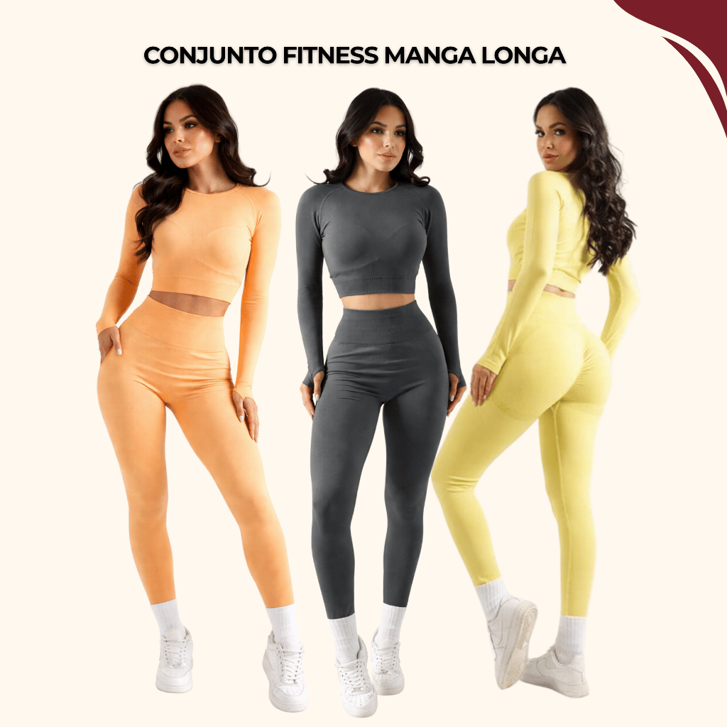 Conjunto Fitness Feminino Manga Longa Academia Cintura Alta Modelador Sem Transparência