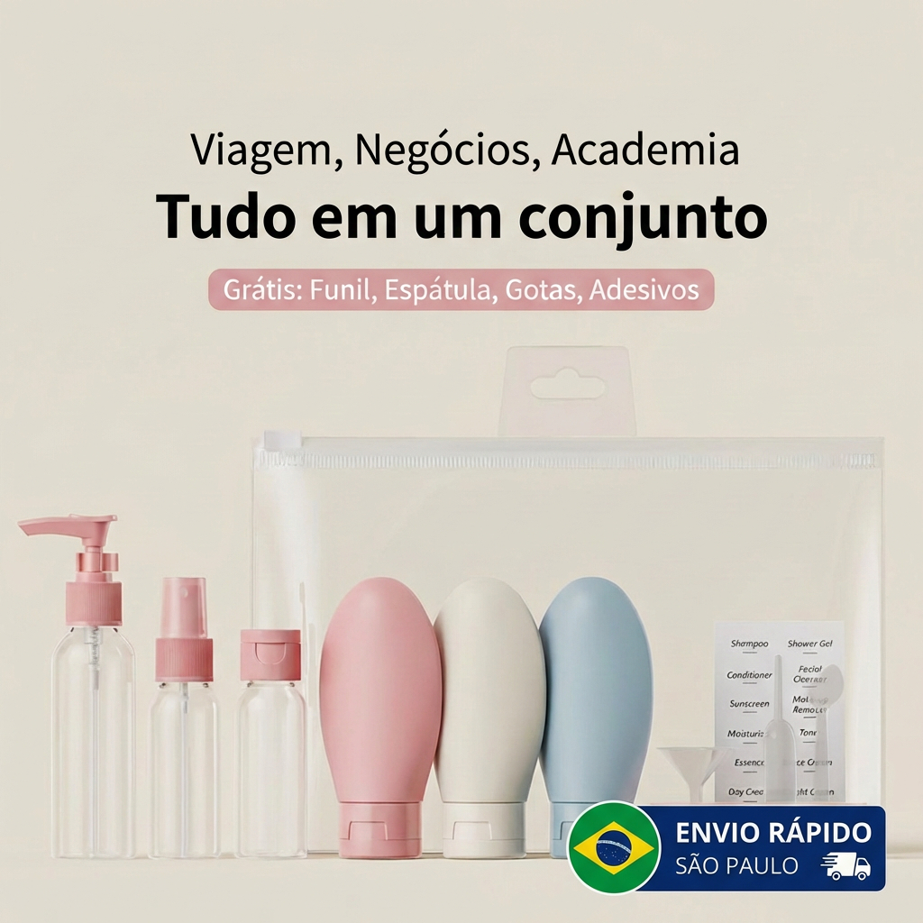 Kit Viagem 11 Peças Frascos Silicone Transparente Necessaire Avião Shampoo Creme 80ml