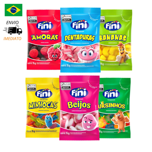 Kit com 30UN Temáticos Balas Fini Gelatinas Balas Doces e Cítricas de 15g Cada