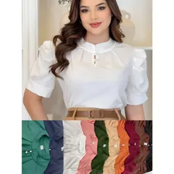 BLUSA FEMININA SOCIAL MANGA BUFANTE DOIS BOTOES