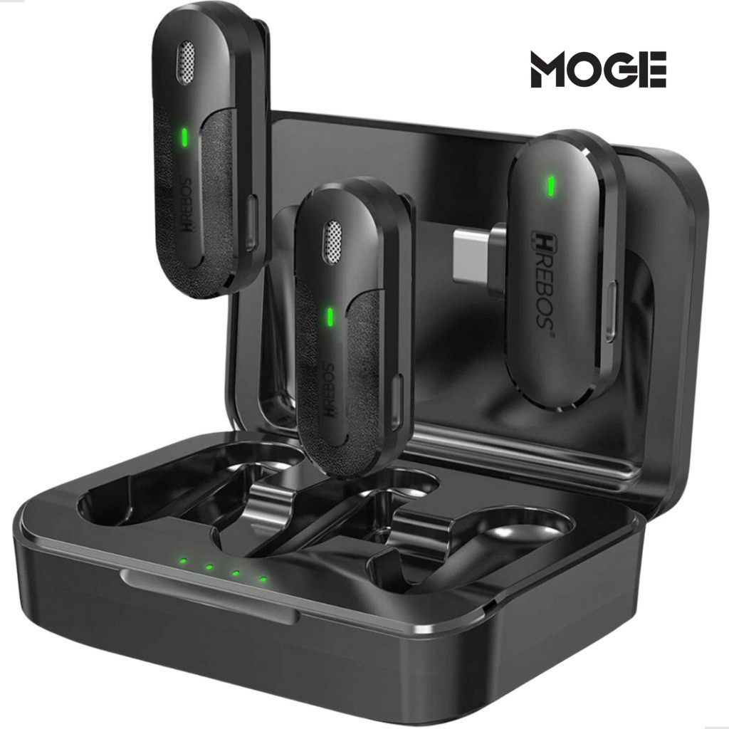 Microfone de Lapela Sem Fio Duplo Type-C | Redução de Ruído | Case LED | Hrebo IF-209