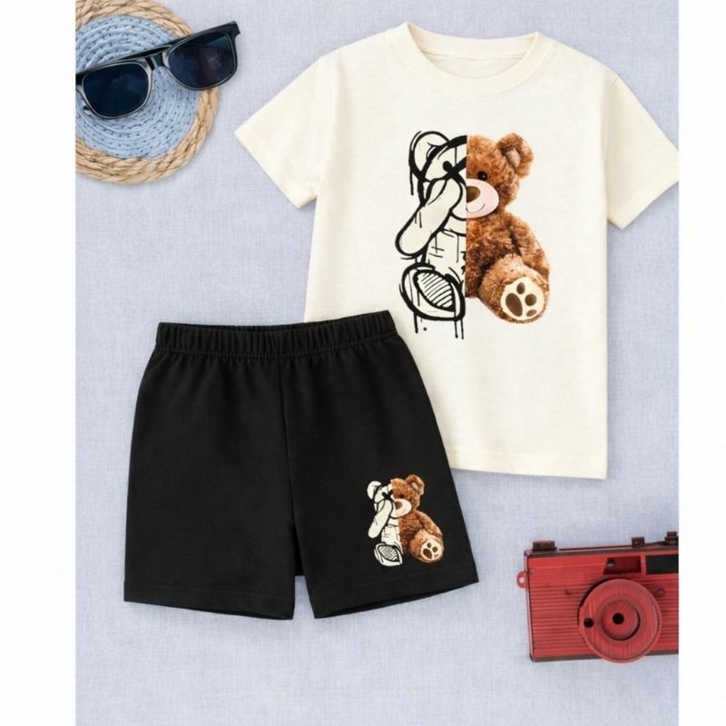 Kit 2 peças masculino infantil estampados x no urso camiseta manga curta + shots casual perfeito para o dia a dia em Oferta na Shopee