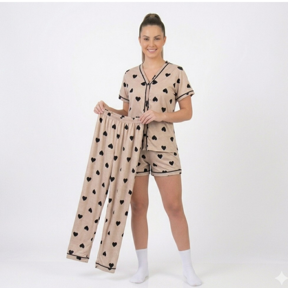 Kit Pijama 3 Peças Americano Feminino Camisa Botões+ Calça + Short Gola V Conforto Malha Amamentação