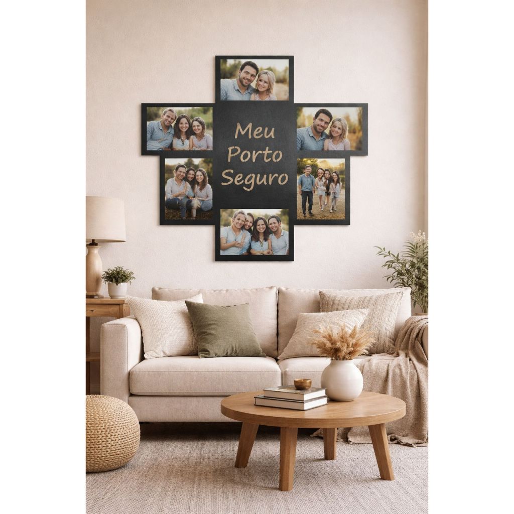 Porta Retrato De Parede Painel Para 6 Fotos Quadro Decorativo Sala Quarto - Meu Porto Seguro Em MDF