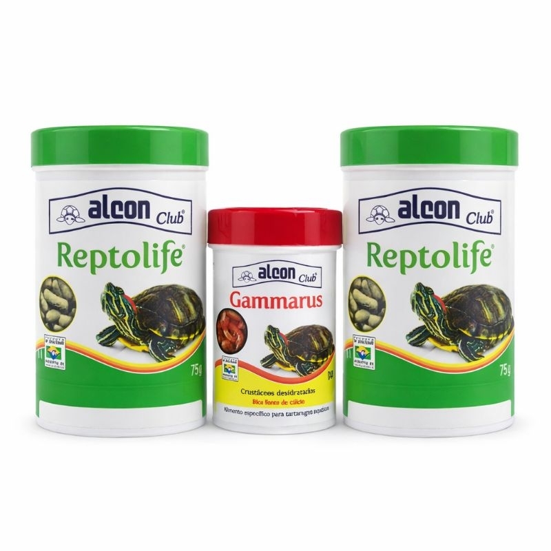 Kit Tartaruga Aquática Alcon Club 2x Reptolife 75g + Gammarus | Alimentação Completa