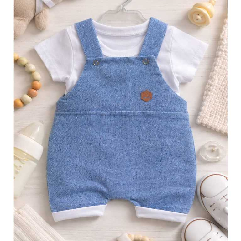 Conjunto Bebê Masculino Jardineira Azul com Camiseta Branca Roupa de Bebê Confortável Macacão Infantil