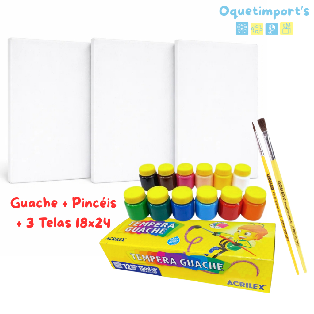 Kit Artistico Tinta Tempera Guache 12 Cores Acrilex + 2 pincéis e 3 Telas Algodão 18x24
