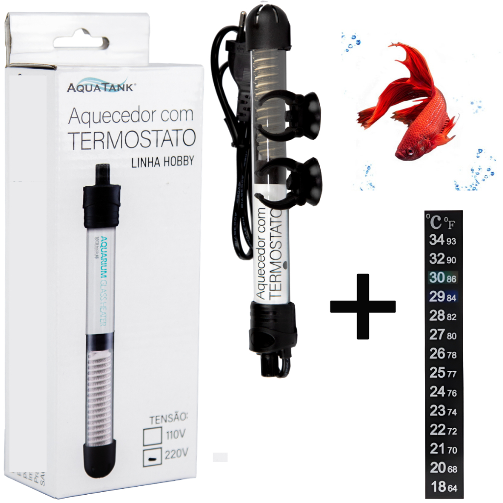 TERMOSTATO AQUECEDOR 50W AQUARIO ATÉ 50 LITROS + TERMOMETRO MEDIDOR DE TEMPERATURA AQUATANK HOBBY